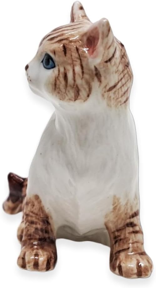 WitnyStore Tiny 2¼" Brown White Tabby Shorthair Cat Sitting Look Right Figurine - Miniature Hand Made Painted Ceramic Cats Kitten Feline Animal Cute Porcelain Decorative Collectible Figure Décor Gifts