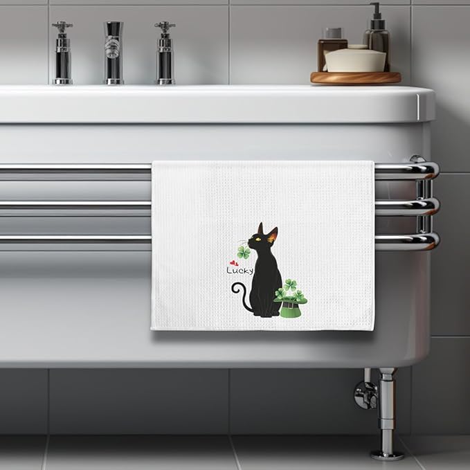 Black Cat Gifts,Shamrock St. Patrick's Day Cat Dish Towels,Cat Kitchen Towels,Cat Hand Towel,Cat Mom Gifts,Gifts for Cat Lovers for Women,Cat Lady Gifts,Crazy Cat Lady Gifts,Black Cat Gifts for Women