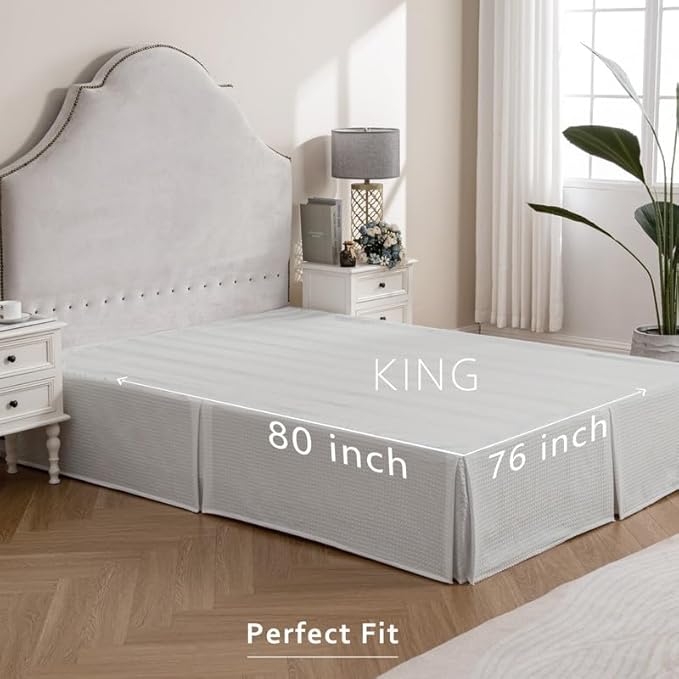 MIYE Pleated Waffle Weave Bed Skirt, Tailored Dust Ruffle 14 Inch Drop Easy Fit, Machine Washable (Light Grey, King - 14" Drop)