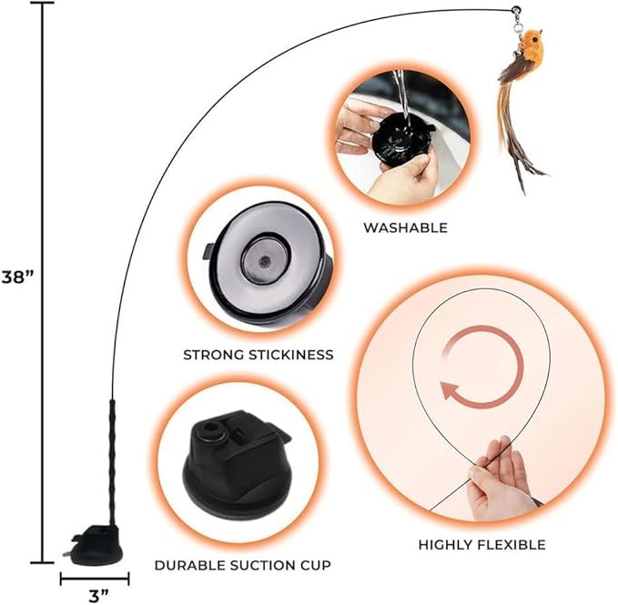 Interactive Bird Simulation Cat Toy Set, Interactive Cat Toys for Indoor Cats, Cat Feather Toy, Self-Holding Suction Base, 5 Replacement Birds, Feathers & Bells (Standard Hybrid Bundle)