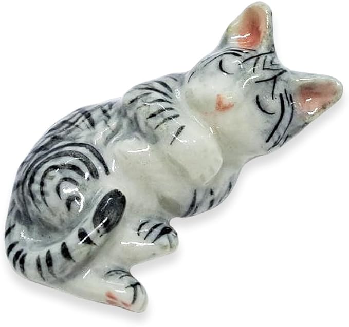 WitnyStore Tiny 1" Long Gray White Tabby Shorthair Cat Sleeping Figurine - Miniature Hand Made Painted Ceramic Cats Kitten Feline Animal Cute Porcelain Decorative Collectible Figurines Décor Gifts