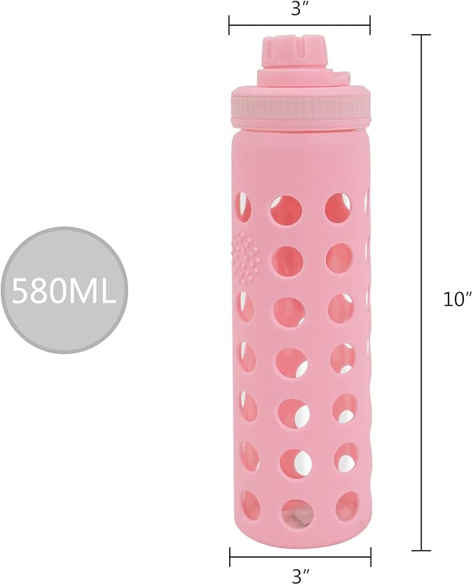 Modern-Depo 20oz Clear Glass Water Bottles Extra Lid Odor Proof and Stain Resistant Wide Mouth Reusable Fitness Sports Bottle with Sleeve, Motivational Water Jug, Pink