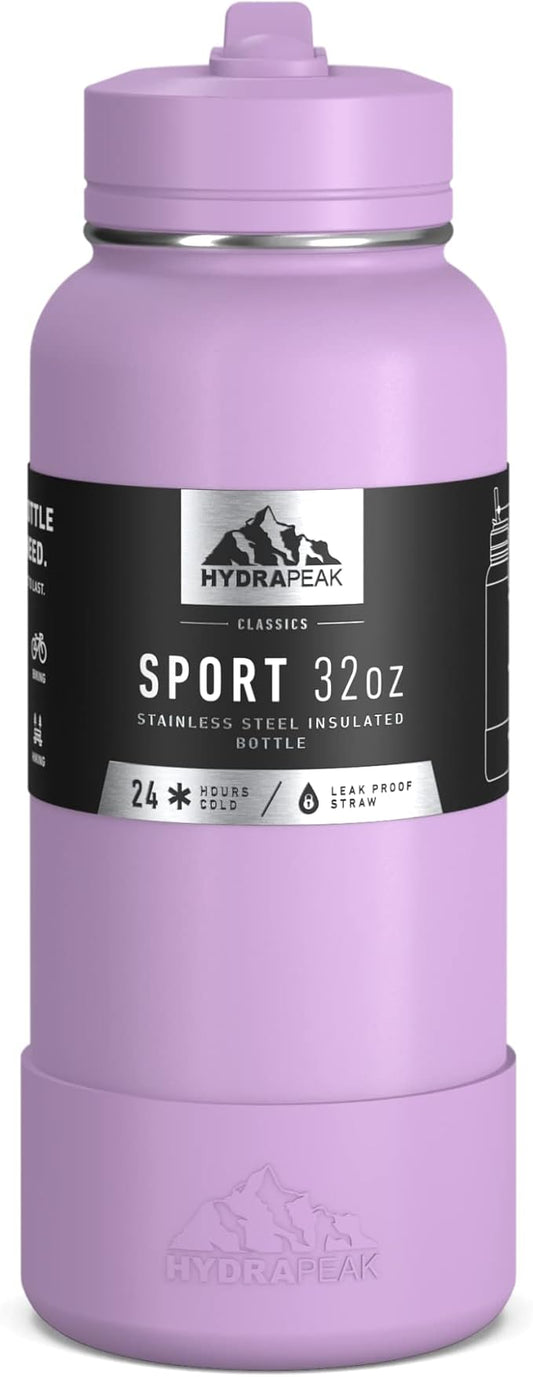 Hydrapeak 32oz Sport Insulated Water Bottle with Straw or Chug Lid, Leak & Spill Proof, Keeps Drinks Cold for 24 Hours, Hot for 12 Hours, Premium Stainless Steel Water Bottles (32oz, Mauve)