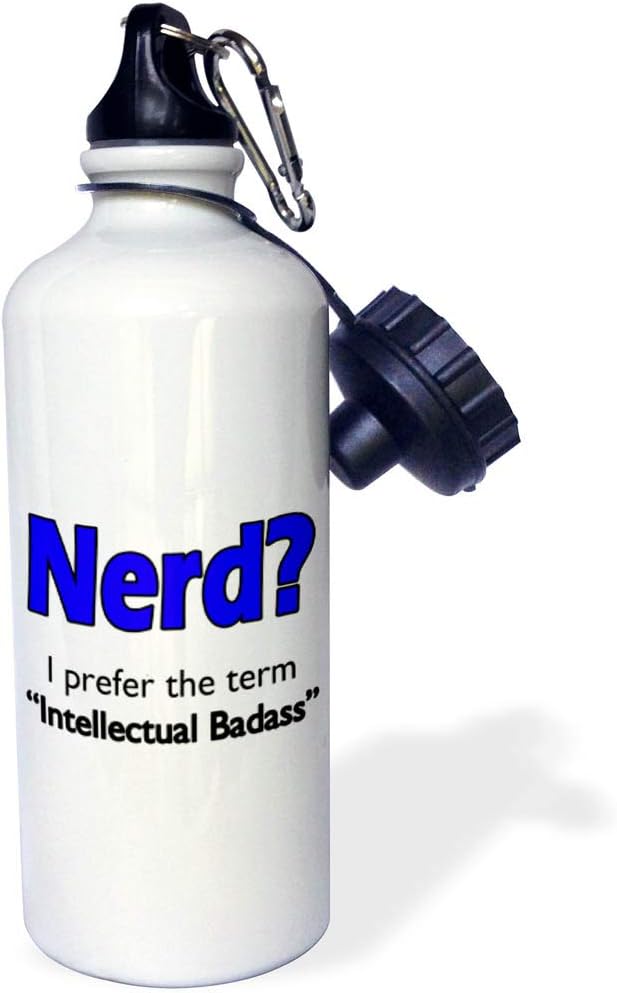 3dRose "Nerd. Intellectual Badass. Blue." Sports Water Bottle, 21 oz, White