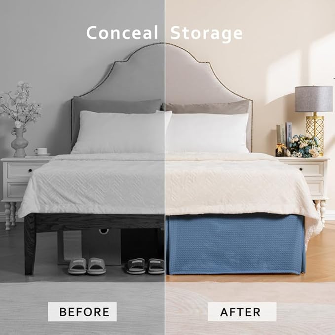 MIYE Pleated Waffle Weave Bed Skirt, Tailored Dust Ruffle 18 Inch Drop Easy Fit, Machine Washable (Blue,Cal King - 18" Drop)