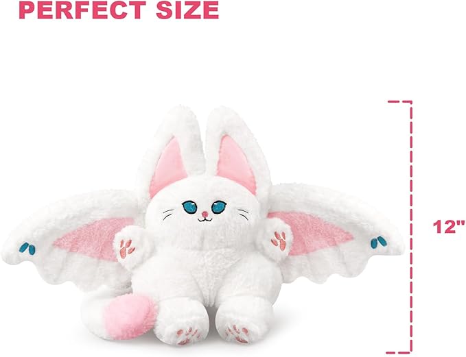PEACH CAT Cute Bat Cat Plush Pillow Kawaii Bat Cat Stuffed Animal Toys for Kids White and Pink 12"