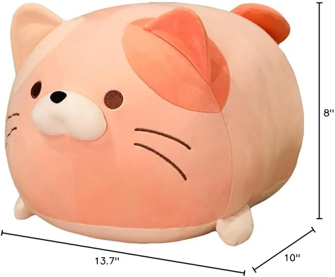 AIXINI 13.7 inch Cute Cat Plush Pillow Stuffed Squishy Animal Cylindrical Body Pillow, Super Soft Fat Cat Chubby Kitten Kawaii Pillow-Pink