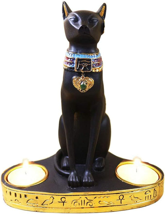 Ancient Egypt Egyptian Bastet Cat Goddess Statue Collectible Figurine Bastet Cat Sculpture with 2 Tea Light Candle Holder (Cat Statue with Candle Holder)