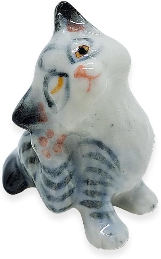 WitnyStore Tiny 1½" Gray White Tabby Shorthair Cat Scratching Ear Figurine - Miniature Hand Made Painted Ceramic Cats Kitten Feline Animal Cute Porcelain Decorative Collectible Figurines Décor Gifts