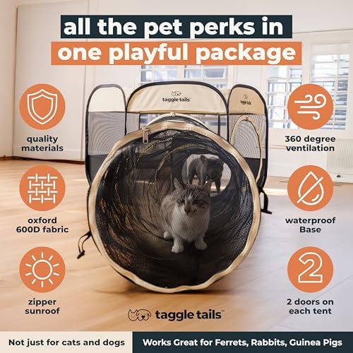 Large Portable Cat Playpen and Cat Tunnels for Indoor Cats Provides Room to Romp, Play, and Sleep. Enclosed Outdoor Pet Playpen, Easy Set-Up. Ventilated with Waterproof Base