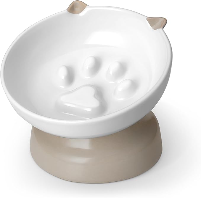 vancasso Ceramic Elevated Slow Feeder Cat Bowls,Slow Feeder Elevated Cat Bowl Wet Food, Raised Cats Bowl for Indoor Cats (Grey)