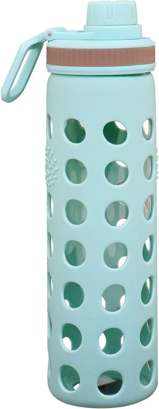 Modern-Depo 20oz Clear Glass Water Bottles Extra Lid Odor Proof and Stain Resistant Wide Mouth Reusable Fitness Sports Bottle with Sleeve, Motivational Water Jug, Blue