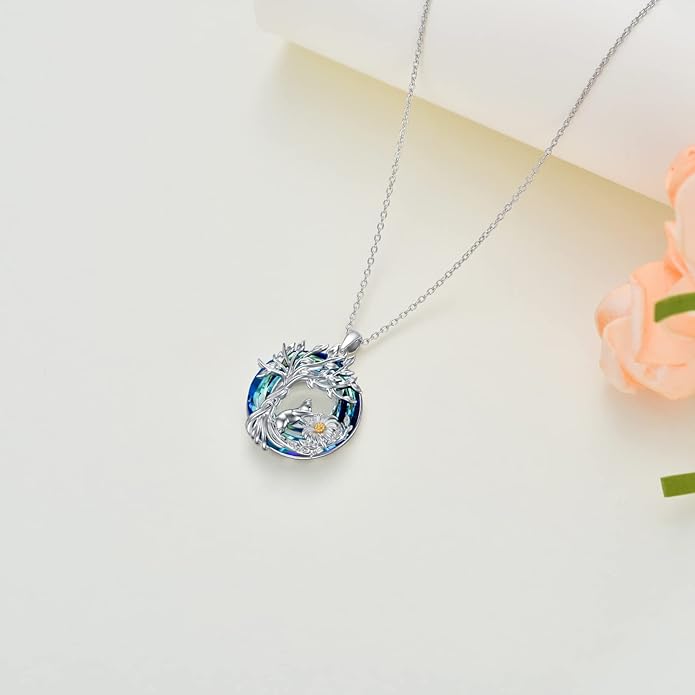 TOUPOP Cat Gifts for Cat Lovers Sterling Silver Cute Cat Tree of Life Pendant Necklace with Blue Circle Crystal Birthday Christmas Jewelry Gifts for Women