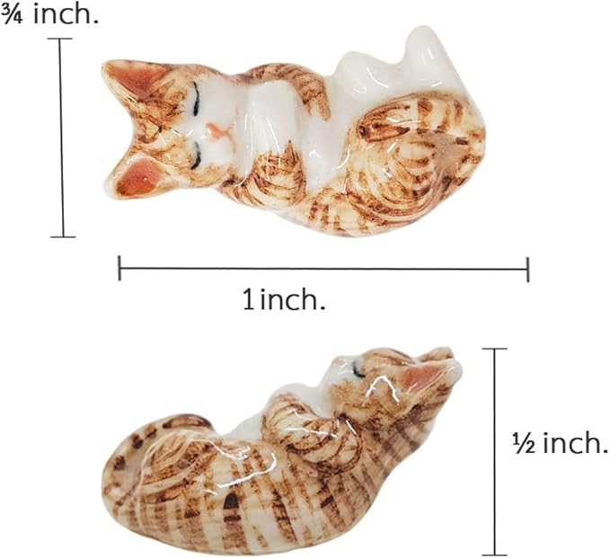 WitnyStore Tiny 1" Long Brown White Tabby Shorthair Cat Sleeping Figurine - Miniature Hand Made Painted Ceramic Cats Kitten Feline Animal Cute Porcelain Decorative Collectible Figurines Décor Gifts