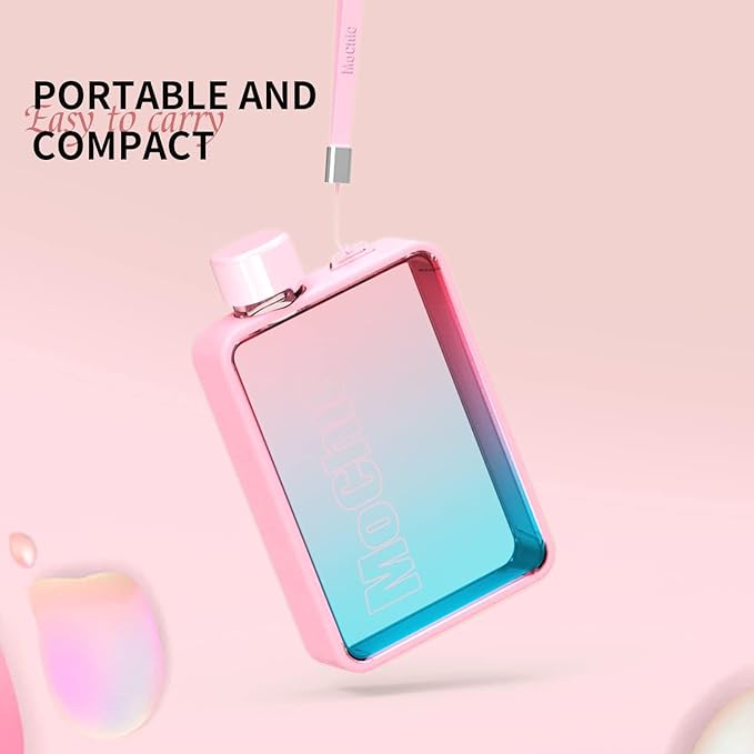 Mochic 13oz Portable Water Flask Flat Water Bottle for Purse Mug BPA Free A5 Slim Square Water Bottle Flask Leak Proof Plastic Flask Bottle for Travel (Gradient Black)