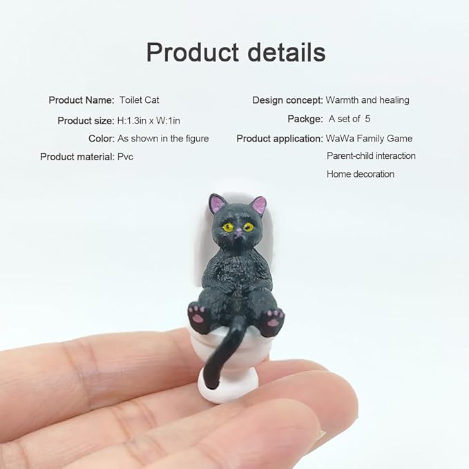 Cat on Toilet 5 Pcs Cat Figure Miniature Cake Topper Mini Cat Figurines Kitty Figures for Crafts,Easter Eggs,Desk Decoration,Succulent Plant Pot Decoration and Birthday Gift