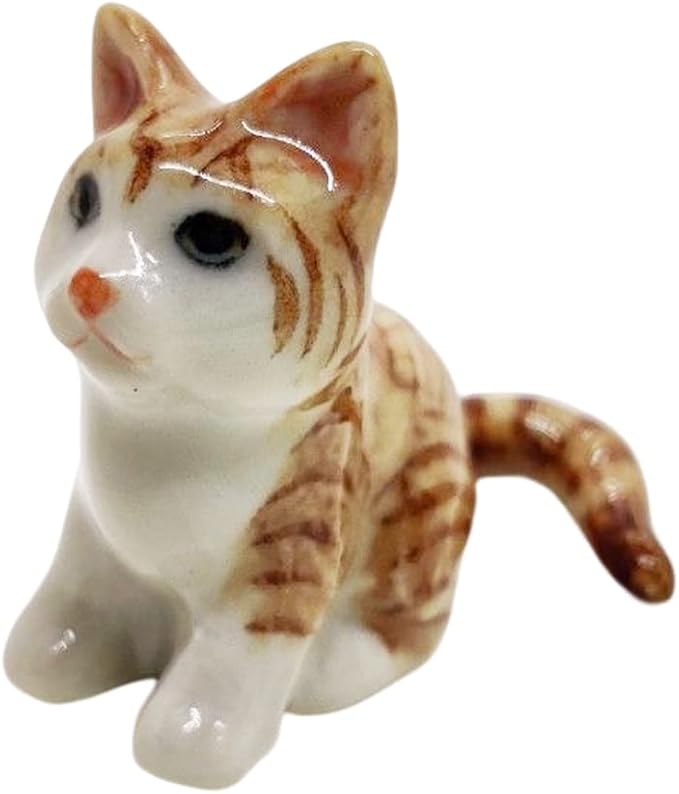 WitnyStore Tiny 1⅛" Long Brown White Tabby Shorthair Cat Sitting Figurine - Miniature Hand Made Painted Ceramic Cats Kitten Feline Animal Cute Porcelain Decorative Collectible Figurines Décor Gifts