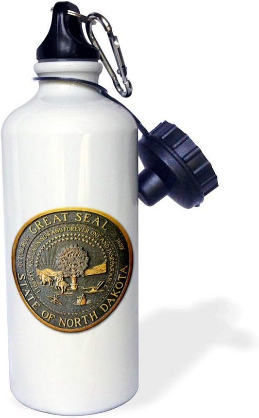 3dRose "Great Seal of North Dakota (PD-US)" Sports Water Bottle, 21 oz, White