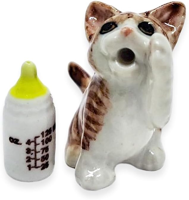 WitnyStore Tiny 1½" Brown White Tabby Shorthair Cat Drinking Baby Bottle Figurine - Miniature Hand Made Painted Ceramic Cats Kitten Animal Cute Porcelain Decorative Collectible Figurines Décor Gifts