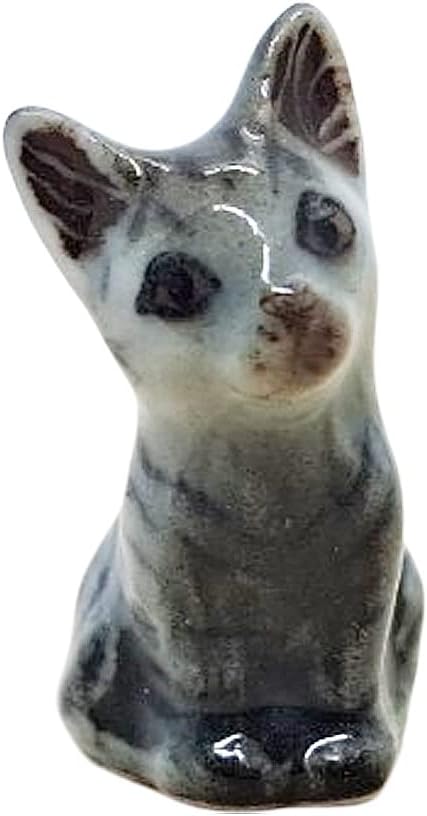 WitnyStore Tiny 3⁄4 Inch High Gray Tabby Shorthair Cat Sitting Tilt Head Figurine - Miniature Hand Made Painted Ceramic Cats Kitten Animal Cute Porcelain Decorative Collectible Figures Décor Gifts