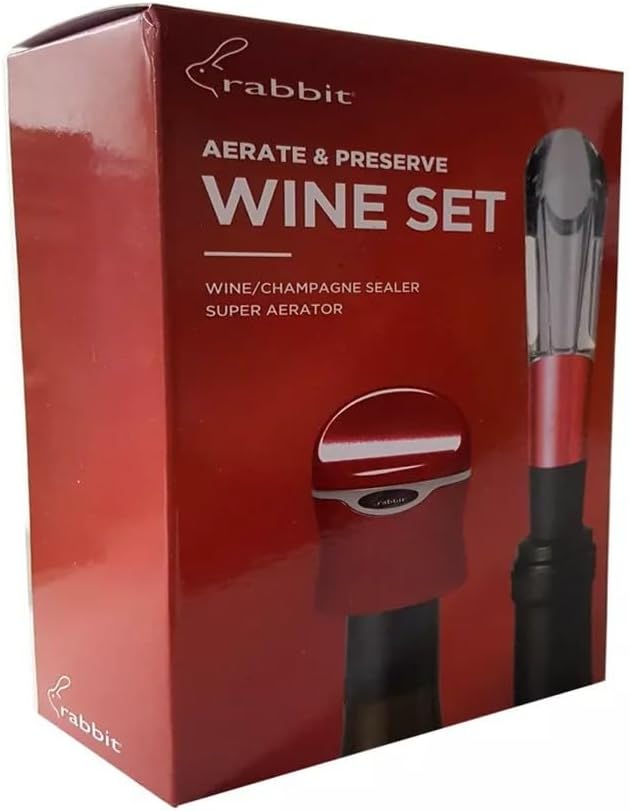 Rabbit Aerate and Preserve Wine Set, Wine/Champagne Sealer and Super Aerator (Red), Standard