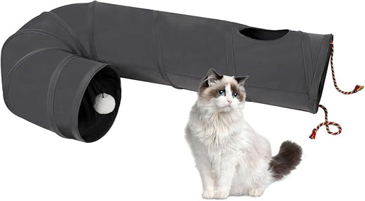 Cat Tunnel, 2-Way Collapsible Cat Tube with Interactive Peek-A-Boo Hole, Toy Ball, and Rope – Ideal for Indoor Cats, Kittens, and Rabbits (Dark Gray)