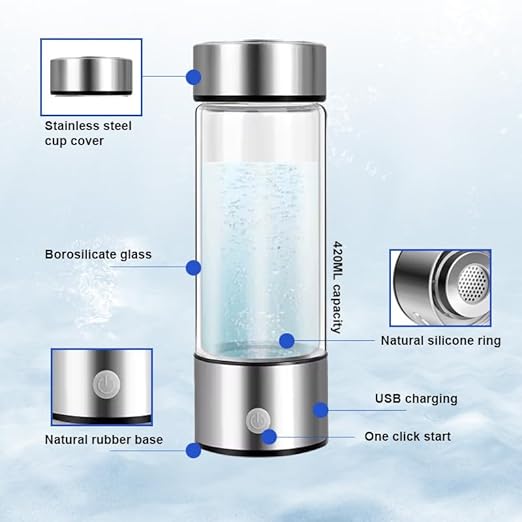 Hydroh Hydrogen Water Bottle Generator 3Min Quick Electrolysis, Rechargable, Hydrohealth Portable Water Ionizer Machine for Home Travel Office Gym, Hydrogen Rich Water Glass Health