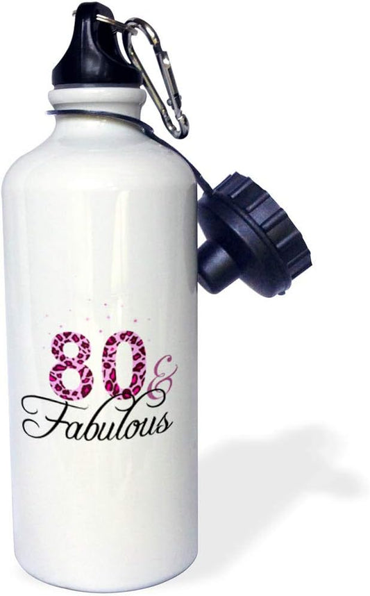 3dRose "80 and Fabulous-fun girly birthday gift-black and hot pink leopard print pattern bday diva text" Sports Water Bottle, 21 oz, White