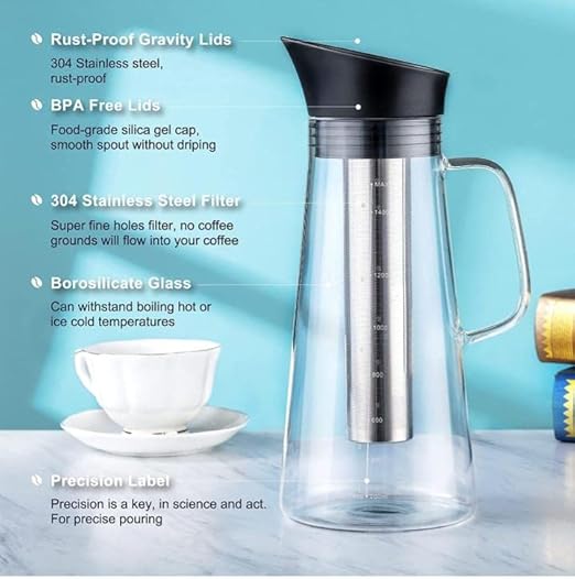 Alkaline Water Filter Pitcher with Infuser, Glass Pitcher with Lid 1.5L | 9.5 pH Alkaline Filters | Tea Pitcher | Borosilicate Glass | Infuser Pitcher (3 Pack (100g Filters))