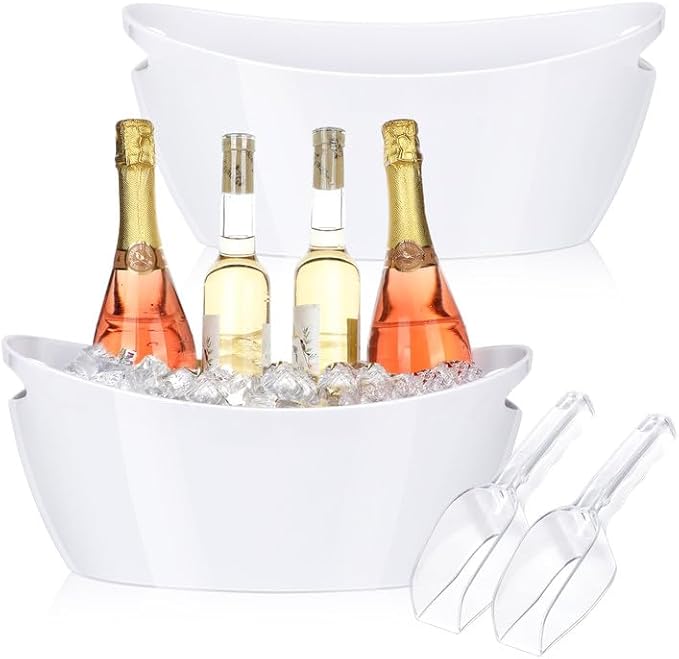 Ice Buckets for Parties, 2 PCS Acrylic Champagne Beverage with 2 Ice Bucket Scoop, Drinks Buckets Tub for Cocktail Bar, Long and Narrow 5.5 Liter Bucket for Party(5.5L) (White)