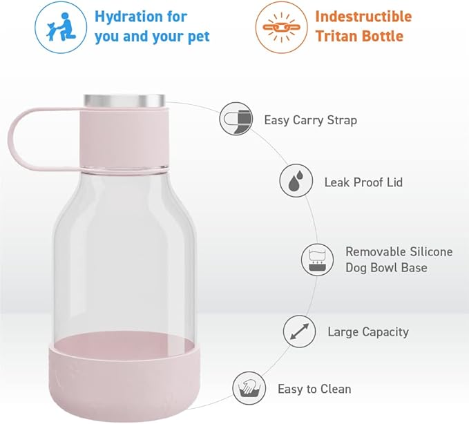 Asobu Buddy Bottle a Stainless Steel Insulated Water Bottle for with Removable Dog Water Bowl and Dog Food and Treat Storage Bowl (Pink, Tritan 50 oz Water Bottle with Bowl)