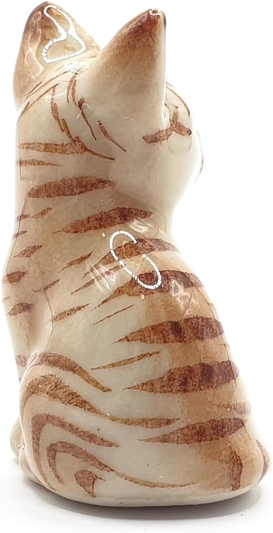 WitnyStore Tiny 1" Brown Tabby Shorthair Cat Sitting Look Right Figurine - Miniature Hand Made Painted Ceramic Cats Kitten Feline Animal Cute Porcelain Decorative Collectible Figurines Décor Gifts