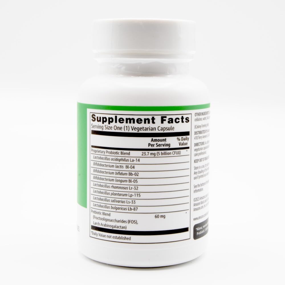 Amazon Basics - Probiotic, 5 Billion CFU, 8 Probiotic strains with 60 mg Prebiotic Blend, 60 Count Vegetarian Capsules, 2 Month Supply, Supports Healthy Digestion (Previously Solimo)