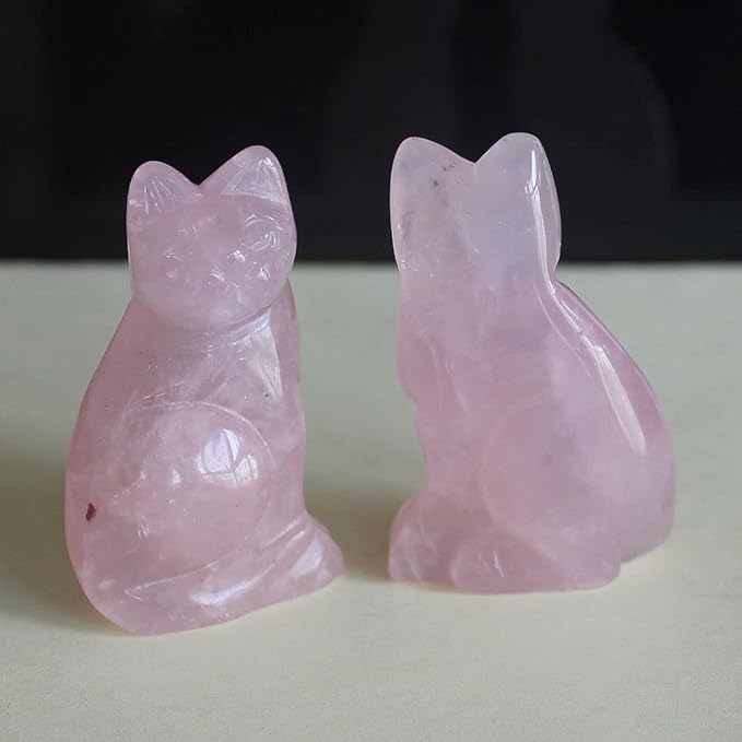 2‘’ Hand Carved Crystal Gemstone Rose Quartz cat Figurine Animal Carving Statue Home Decor