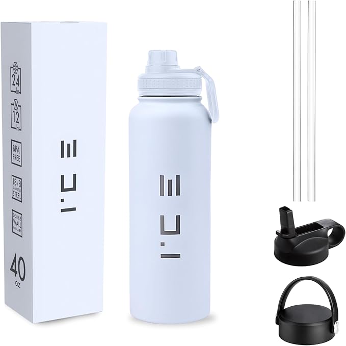 ICE Sports Water Bottle - Includes 3 Lids (1 Straw Lid) & 2 Straws - Leak proof Stainless Steel Gym & Sport Bottles for Men, Women & Kids - Double Walled, Insulated Thermos (White, 40 oz)