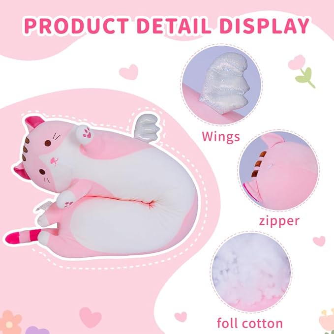 Cute Cat Plush Pillow, Pink Long Cat Stuffed Animals Soft Long Kitten Plushies Kawaii Cat Stuffed Plush Toy for Kids Girlfriend(50cm/19.6inch)