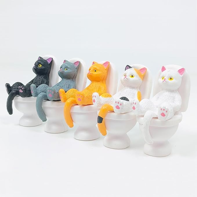 Cat on Toilet 5 Pcs Cat Figure Miniature Cake Topper Mini Cat Figurines Kitty Figures for Crafts,Easter Eggs,Desk Decoration,Succulent Plant Pot Decoration and Birthday Gift
