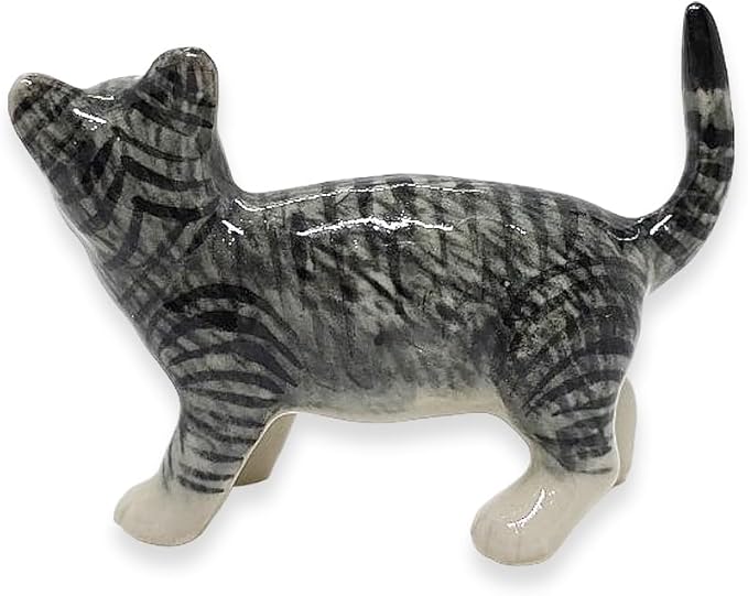 WitnyStore Tiny 2" Long Gray White Tabby Cat Standing Look Right Figurine - Miniature Hand Made Painted Ceramic Cats Kitten Feline Animal Cute Porcelain Decorative Collectible Figurines Décor Gifts