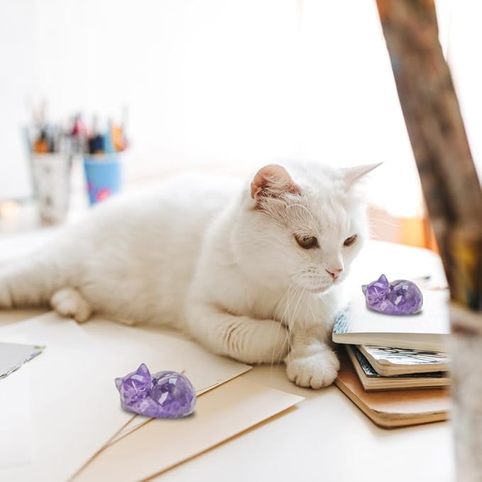 WHAL&YUNE Crystal Cat Figurine, 1PC Amethyst Gemstone Cat, Natural Sleeping Cat Ornament Hand Carved Cat Statue Cat Crystal Decoration for Cat Lovers, Gift 1.5"