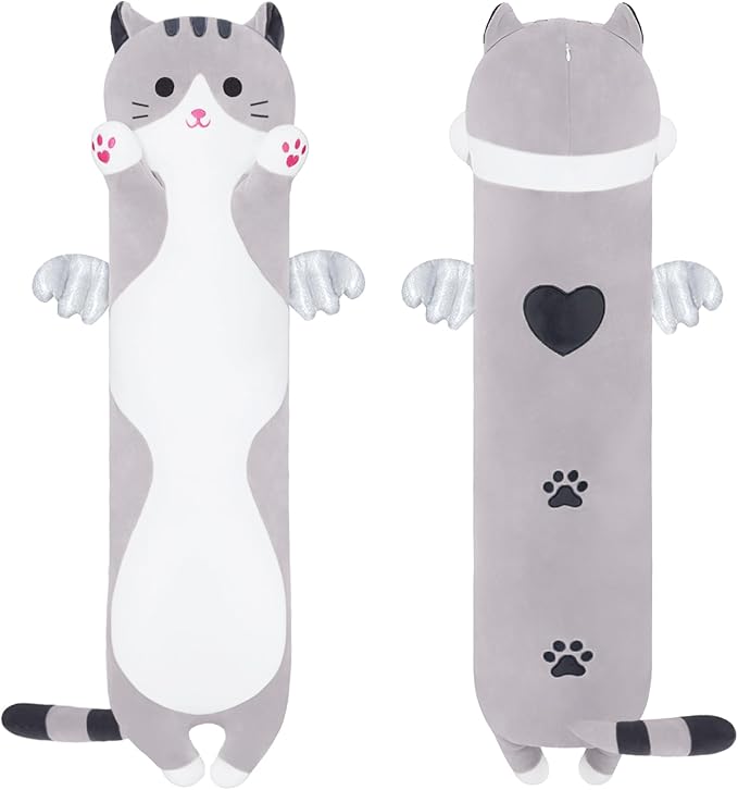 Soft Cat Plush Pillow, Grey Long Cat Stuffed Animals Soft Long Kitten Plushies Kawaii Cat Stuffed Plush Toy for Kids Girlfriend(70cm/27.5inch)