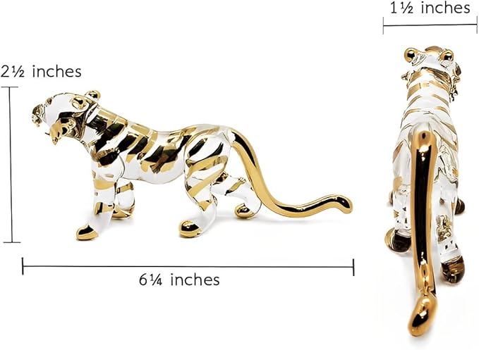 WitnyStore Tiny 6¼" Long Clear Gold Standing Tiger Roaring Figurine - Miniature Hand Blown Painted Glass Panthera Wild Cat Small Crystal Wildlife Animals Decorative Collectible Figurines Décor Gifts