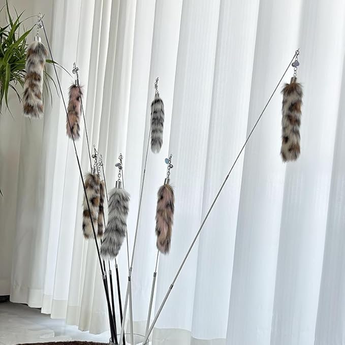 Interactive Cat Wand Toy with Cat Dancer, Retractable Feather Fox Tail Teaser for Indoor Cats, Enrichment Play Kittens to Senior Cats(Arctic White)
