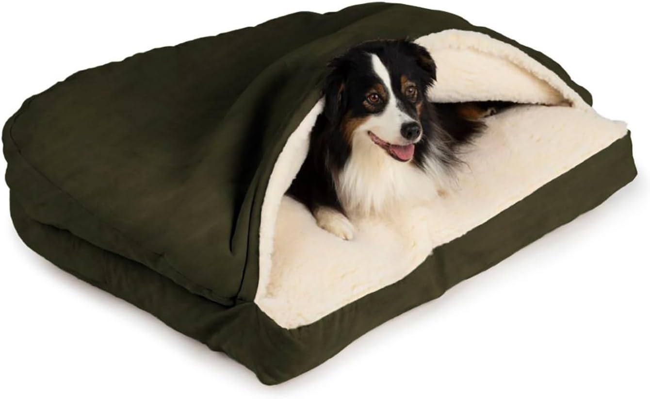 Snoozer Rectangle Cozy Cave Dog Bed - Indoor Dog Bed with Cover Cave, Covered Calming Burrow for Large Sized Pets with Blanket Attached, Enclosed, Washable - XL, Olive