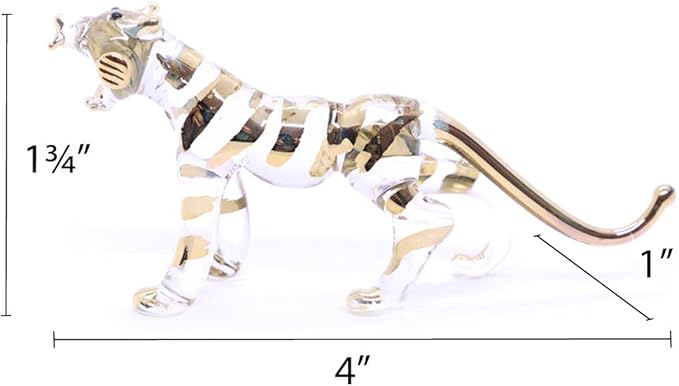 WitnyStore Tiny 4" Long Clear Gold Standing Tiger Roaring Figurine - Miniature Hand Blown Painted Glass Panthera Wild Cat Small Crystal Wildlife Animals Decorative Collectible Figurines Décor Gifts