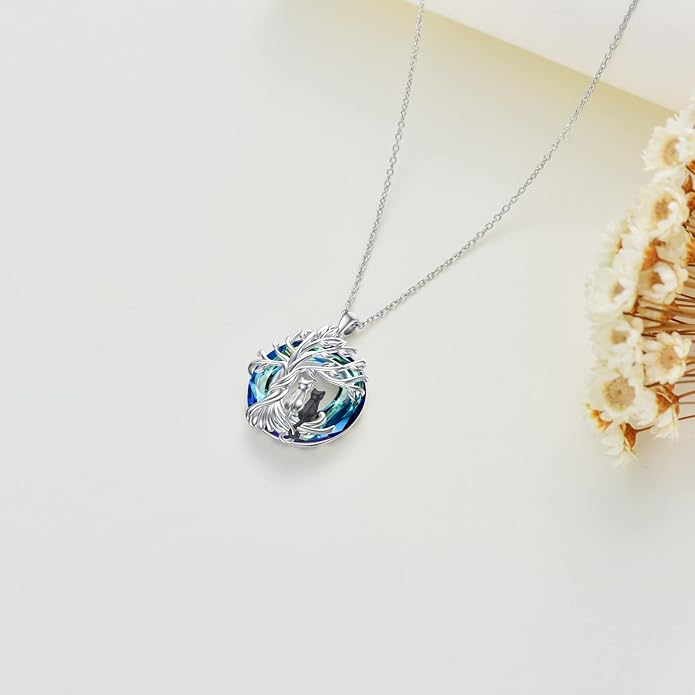 TOUPOP Cat Gifts for Cat Lovers Sterling Silver Cute Cat Tree of Life Pendant Necklace with Blue Circle Crystal Birthday Christmas Jewelry Gifts for Women