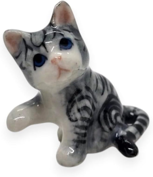 WitnyStore Tiny 1" Gray White Tabby Shorthair Cat Sitting Lift Paw Figurine - Miniature Hand Made Painted Ceramic Cats Kitten Feline Animals Cute Porcelain Decorative Collectible Figures Décor Gifts