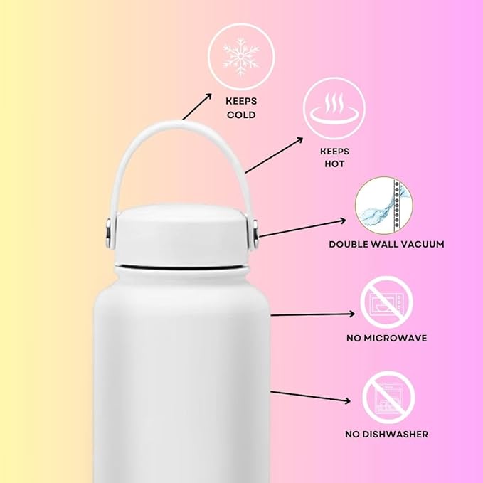 32 OZ Double Wall Stainless Steel Vacuum Bottle Insulated Water Bottles Outdoor Sports Bottle with Handle Lid, Spill-Proof, Hike, School, Hydration, Ivory, Black, Pale Green, Lavender (Ivory)