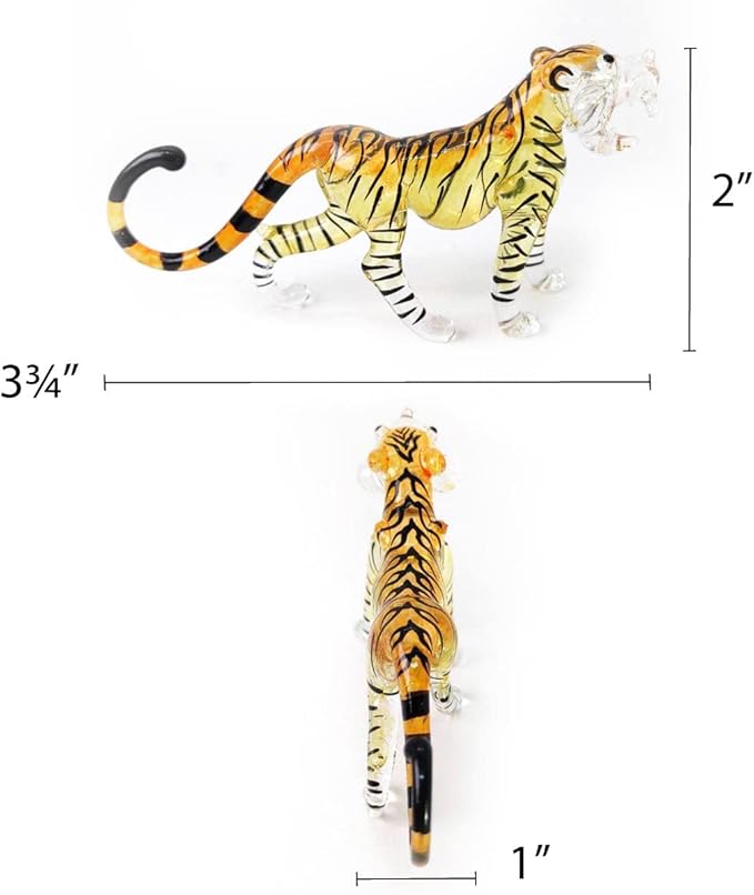 WitnyStore Tiny 3¾" Long Yellow Black Standing Tiger Roaring Figurine - Miniature Hand Blown Painted Glass Panthera Wild Cat Small Crystal Wildlife Animals Decorative Collectible Figurines Décor Gifts