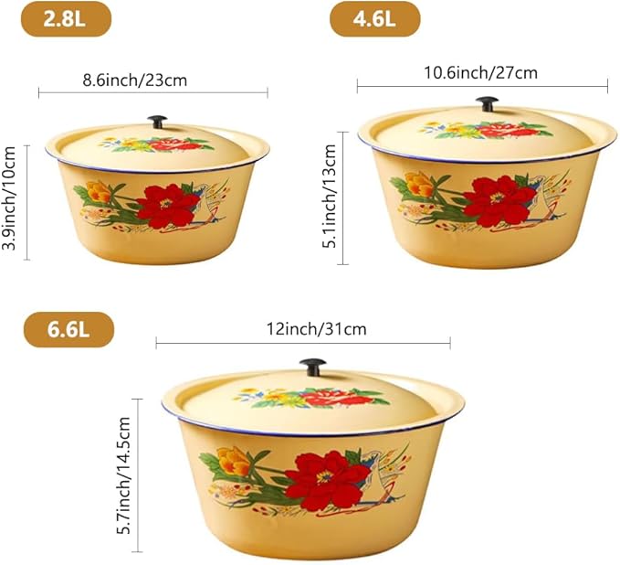 Ice Bucket 3 PCS(2.8L, 4.6L, 6.6L), UNOSCHRIM Retro Style Enamel Ice Tub in Beach Parties, Fruit Ice Bucket with Lid, Versatile Bottle Drink Cooler for Champagne, Wine, Beer or Whiskey