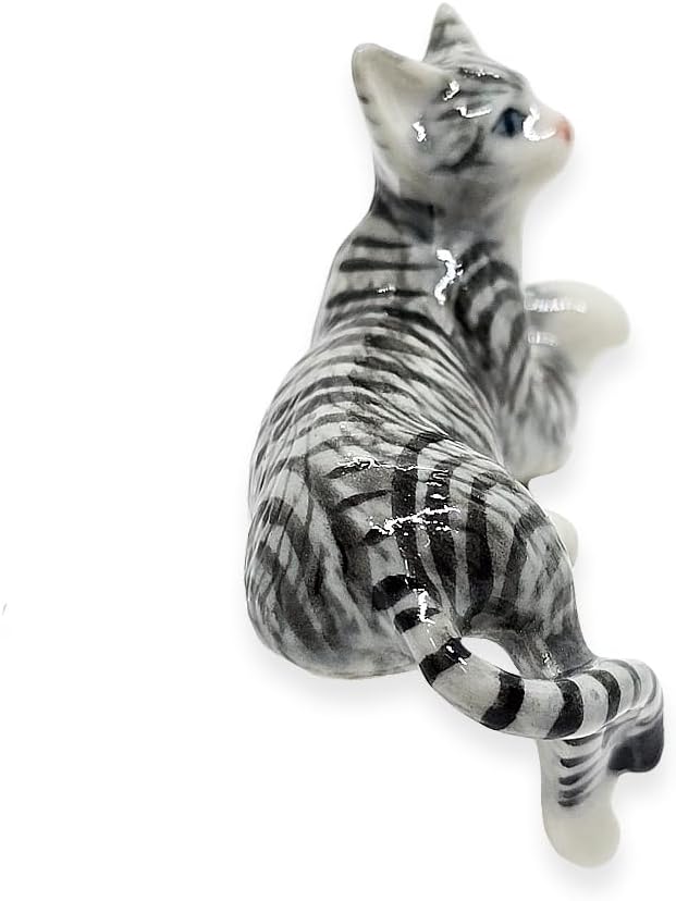 WitnyStore Tiny 2" Gray White Tabby Shorthair Cat Lying Cross Paws Hang Leg Figurine - Miniature Hand Made Ceramic Cats Kitten Feline Animal Cute Porcelain Decorative Collectible Figurines Décor Gifts
